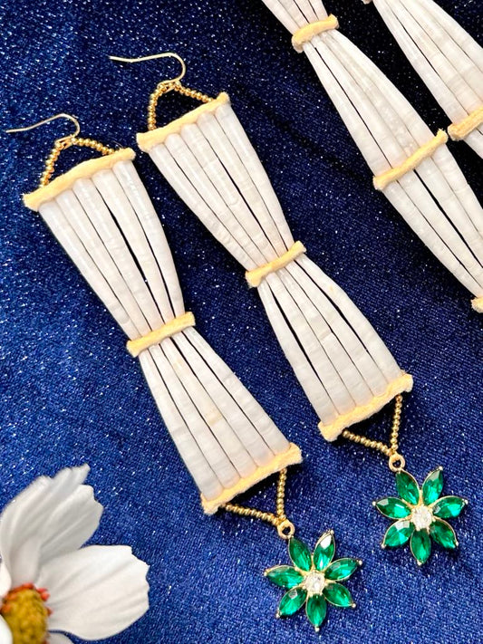 Two Tier Green Flower Dentalium Earrings