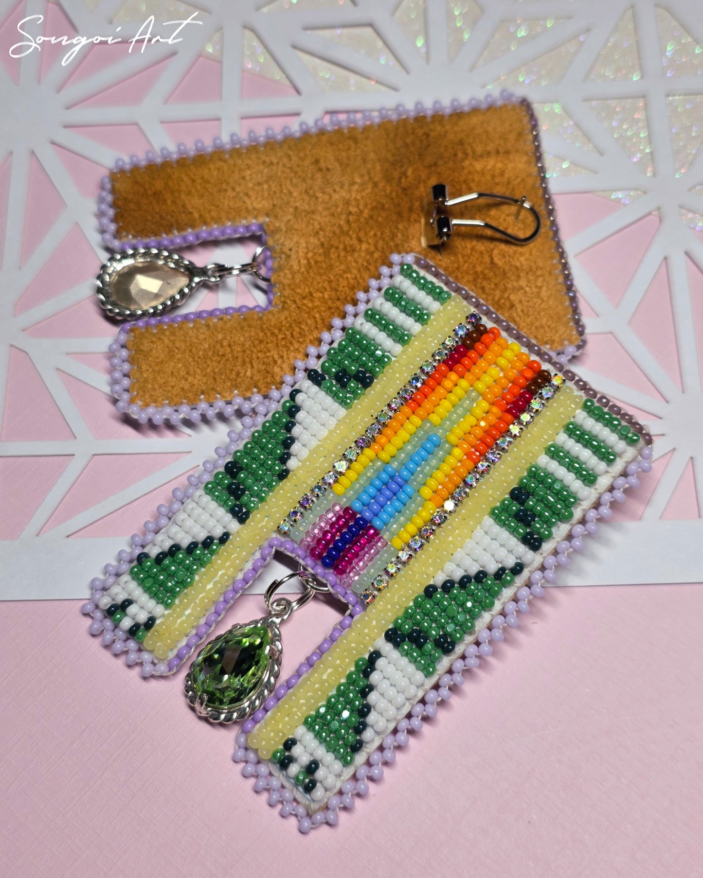 Green Geometric Earrings with Gem