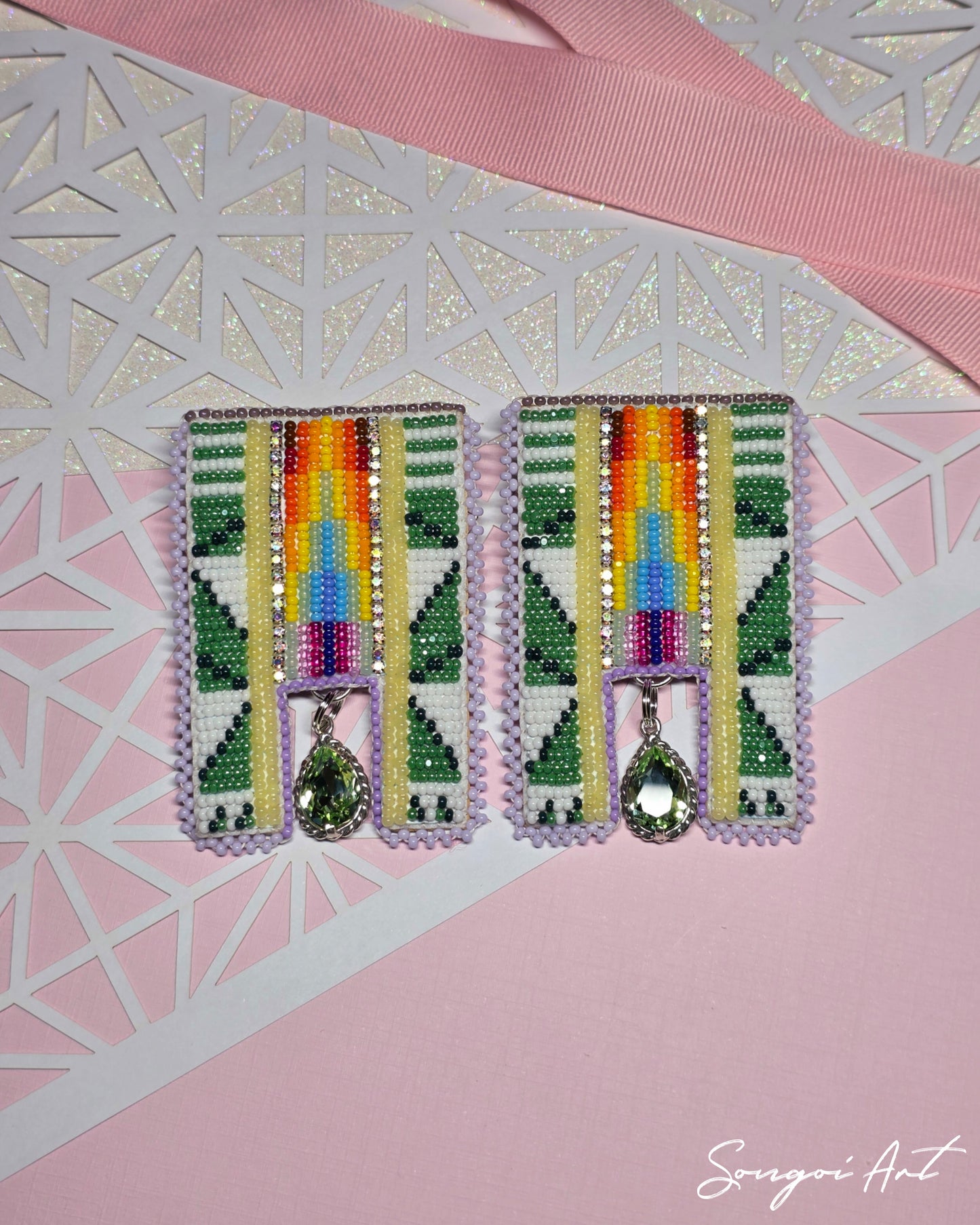 Green Geometric Earrings with Gem